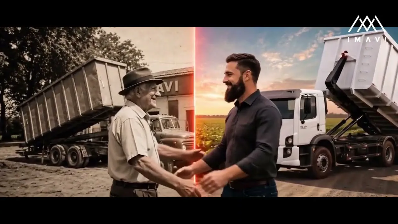 Cena do filme: de um lado, em sépia, um senhor ao lado de um caminhão IMAVI antigo; do outro, um jovem ao lado de um caminhão Roll-On/Roll-Off atual — os dois apertam as mãos