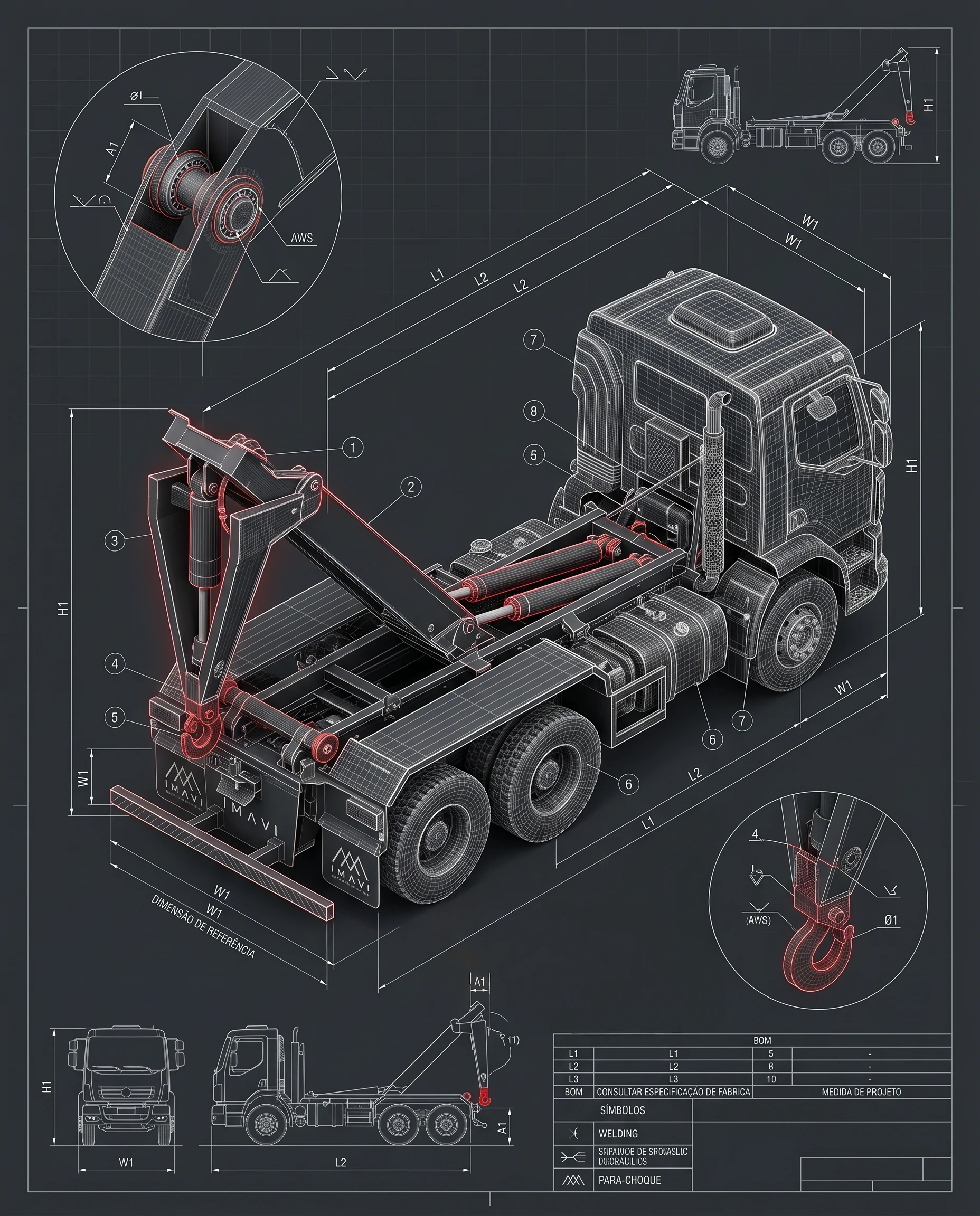 Desenho técnico IMAVI com medidas, chassis e linhas de engenharia do sistema Roll-On/Roll-Off.